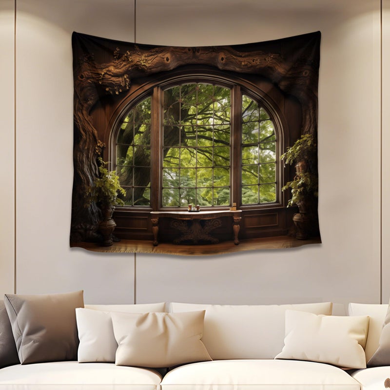 QGHOT Window Tapestry, Outdoor Forest Tapestry Wall Hanging - Image 1