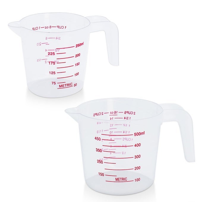 2 PACK MEASURING CUP SET INCLUDES 250ML 1CUP AND 500ML 2CUP PLASTIC LIQUID MEASURING CUPS BAKING COOKING MIXING MEASURING CUPS ESSENTIAL KITCHEN TOOLS