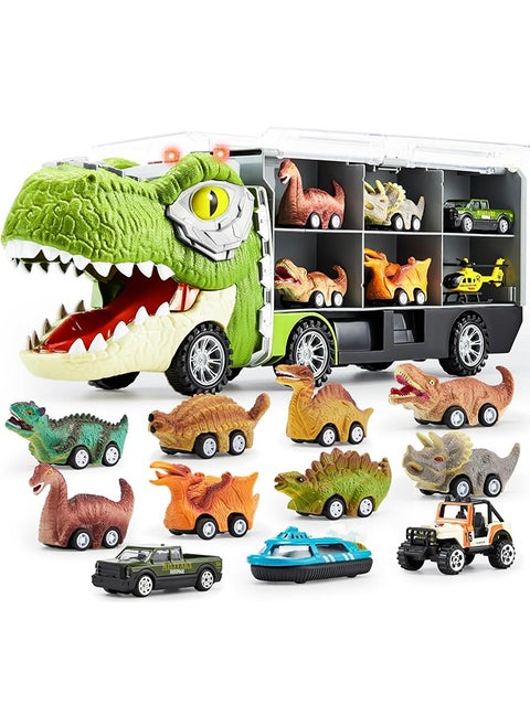 13 in 1 Dinosaur Toys for Kids 3+, Dinosaur Truck with 12 Pull Back Cars, Dinosaur Cars Set, Birthday Gifts Toys for 3+ Year Old Boy, Transport Carrier Truck for Toddlers 3+ Years