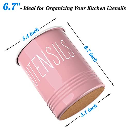 Bivvclaz Kitchen Utensil Holder - 6.7" Utensil Holder for Kitchen Counter - Cooking Utensil Crock with Cork Bottom - Pink Decor and Accessories - Utensil Storage Caddy Organizer - Image 2