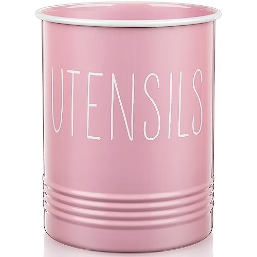 Bivvclaz Kitchen Utensil Holder - 6.7" Utensil Holder for Kitchen Counter - Cooking Utensil Crock with Cork Bottom - Pink Decor and Accessories - Utensil Storage Caddy Organizer - Image 1