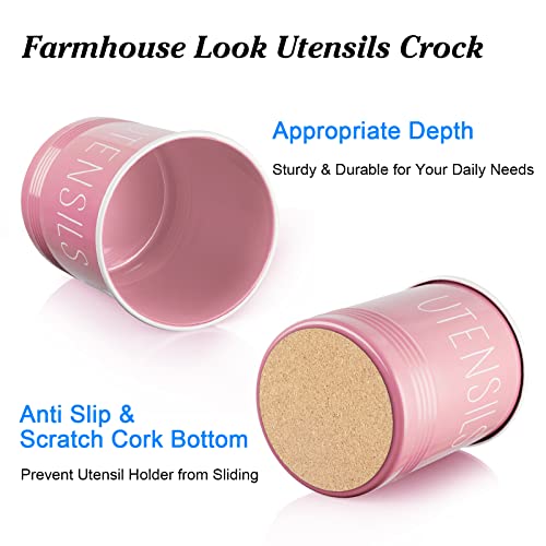 Bivvclaz Kitchen Utensil Holder - 6.7" Utensil Holder for Kitchen Counter - Cooking Utensil Crock with Cork Bottom - Pink Decor and Accessories - Utensil Storage Caddy Organizer - Image 3