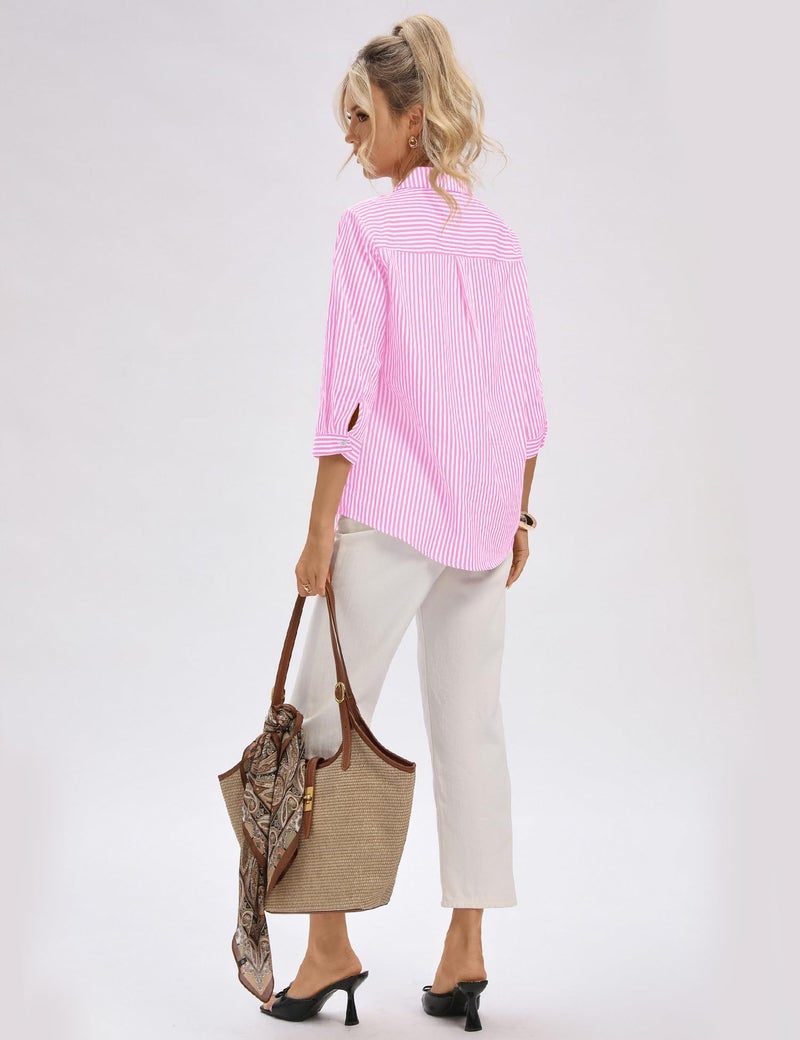 LOMON Going Out Tops for Women Roll Up Short Sleeve Shirts 3/4 Sleeve Business Casual Outfits 2026 Summer Fashion Office Clothes (Pink White Stripe,L) - Image 3