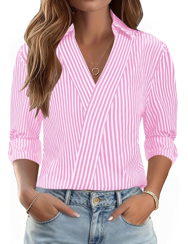 LOMON Going Out Tops for Women Roll Up Short Sleeve Shirts 3/4 Sleeve Business Casual Outfits 2026 Summer Fashion Office Clothes (Pink White Stripe,L) - Image 1