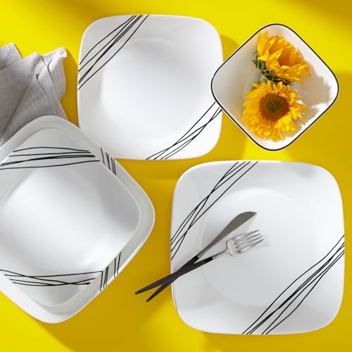 Corelle Vitrelle 18-Piece Service for 6 Dinnerware Set Triple Layer Glass and Chip Resistant, Lightweight Square Plates and Bowls Set, Simple Sketch - Image 3
