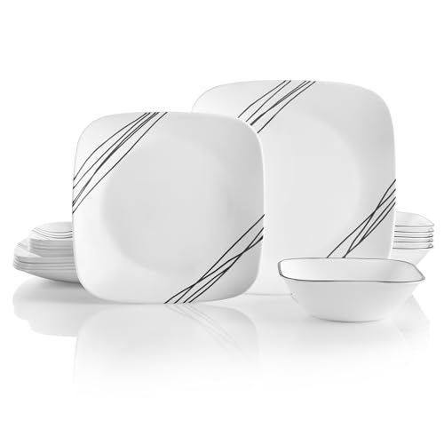 Corelle Vitrelle 18-Piece Service for 6 Dinnerware Set Triple Layer Glass and Chip Resistant, Lightweight Square Plates and Bowls Set, Simple Sketch - Image 1