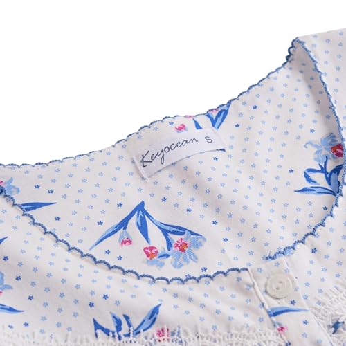 Keyocean Nightgowns for Women, Soft Cotton Comfortable Long Sleeves Ladies Nightdress Sleeping Gown, Blue Flower, XX-Large (XXL) - Image 3