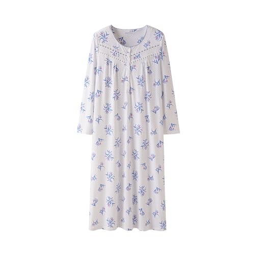 Keyocean Nightgowns for Women, Soft Cotton Comfortable Long Sleeves Ladies Nightdress Sleeping Gown, Blue Flower, XX-Large (XXL) - Image 1
