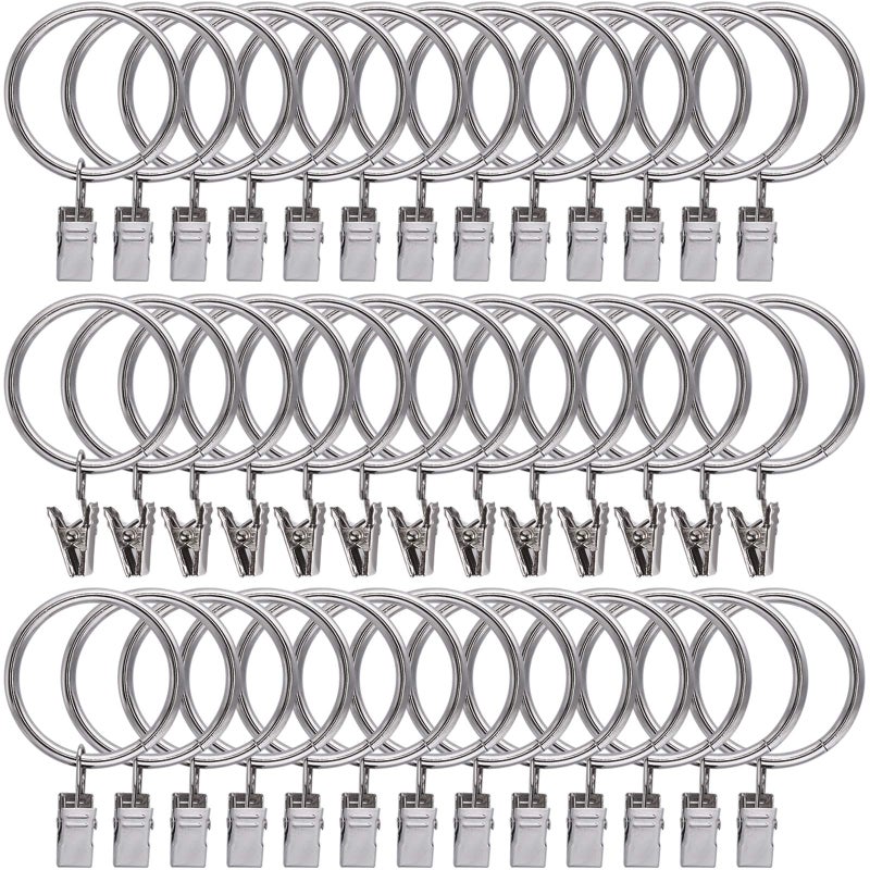 Lansian 44 Pack Curtain Rings with Clips Hooks, Silver Drapery Clips with Rings Stainless Steel Metal 1.5 inch Curtain Hangers Clips, Fits Diameter 1.2 inch Rod, Silver