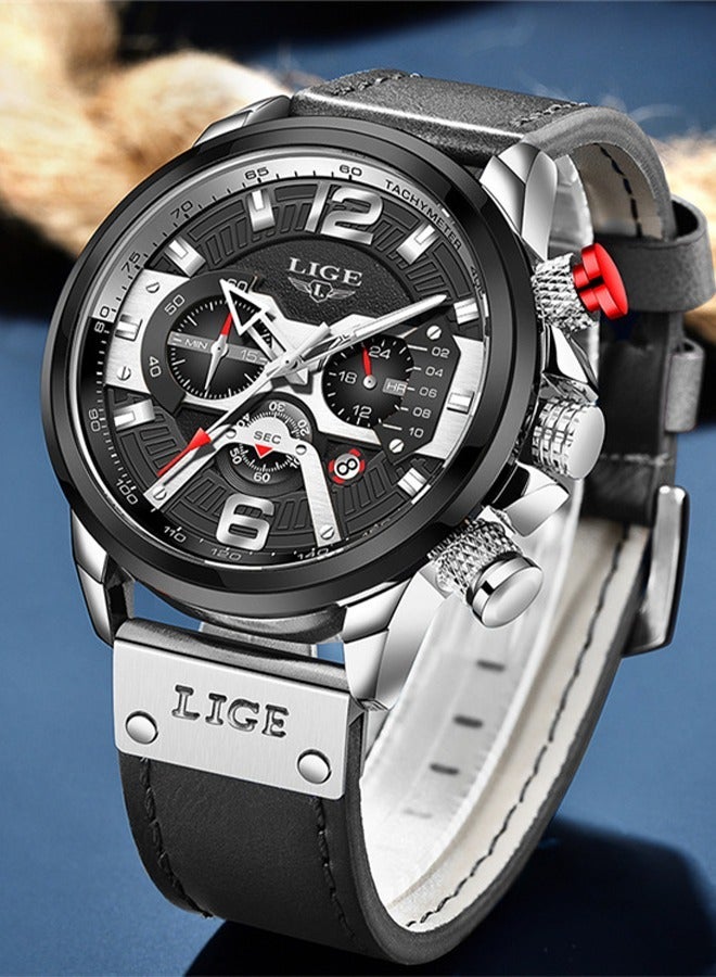 لييج ​​ساعة ليجي الرياضية الرجالية العصرية - تصميم عصري بدرجات الفضي والأسود، عرض متعدد الوظائف، مقاومة للماء حتى 30 متر، حركة كوارتز، ستايل رياضي عصري للاستخدام اليومي والمناسبات العادية​​ - Image 1