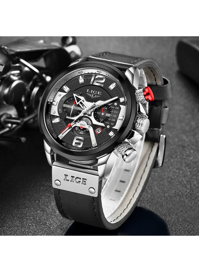 لييج ​​ساعة ليجي الرياضية الرجالية العصرية - تصميم عصري بدرجات الفضي والأسود، عرض متعدد الوظائف، مقاومة للماء حتى 30 متر، حركة كوارتز، ستايل رياضي عصري للاستخدام اليومي والمناسبات العادية​​ - Image 3