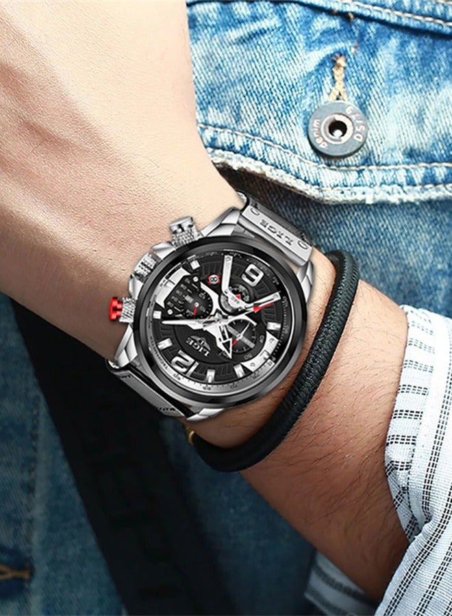 لييج ​​ساعة ليجي الرياضية الرجالية العصرية - تصميم عصري بدرجات الفضي والأسود، عرض متعدد الوظائف، مقاومة للماء حتى 30 متر، حركة كوارتز، ستايل رياضي عصري للاستخدام اليومي والمناسبات العادية​​ - Image 4