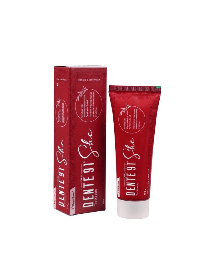 DENTE91 Dente91 SHE Toothpaste Specially Crafted for Women, Remove Plaque Contains Folic Acid & Vitamins (B6, E, D3), Cinnamon & Ginger Flavour, Free from SLS, Fluoride & Paraben 100g (Pack of 1)  - Image 1