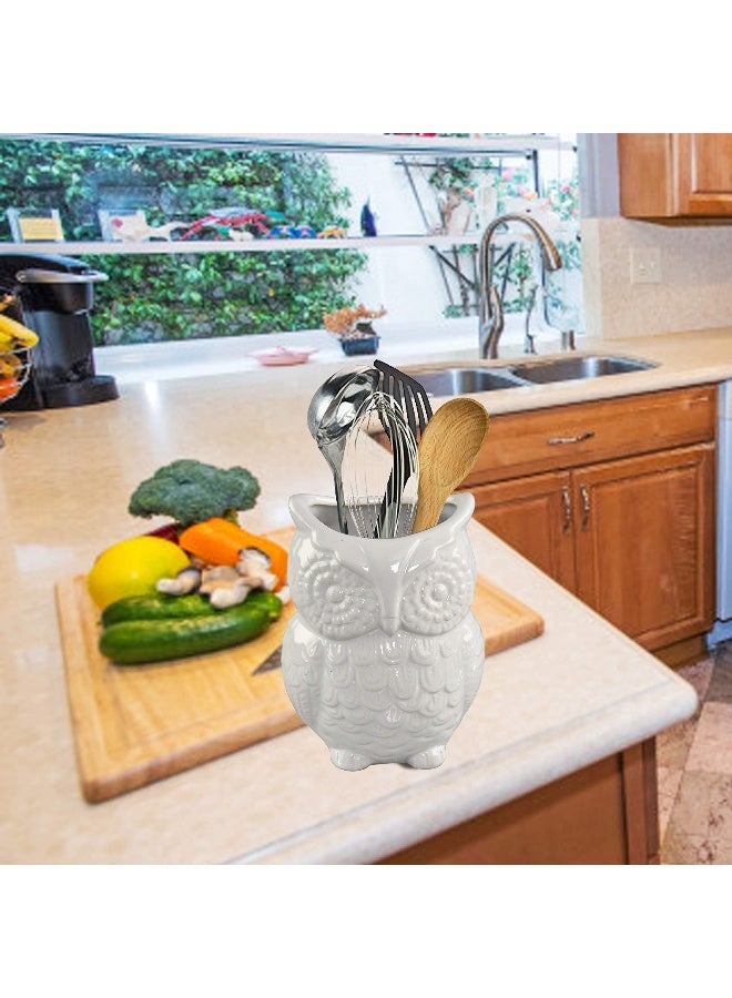 Home-X Ceramic Owl Utensil Holder - Kitchen Organizer, Large Utensil Caddy for Counter, Cooking & Spatula Storage Crock, Farmhouse Decor, Home & Kitchen Accessory, White - Image 5