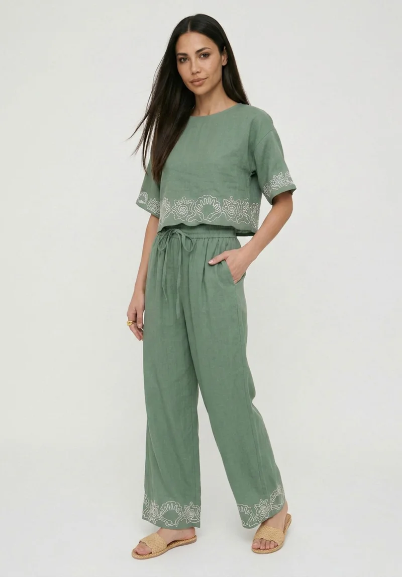 رافاي Milly Wide Leg Embroidered Trouser In Green