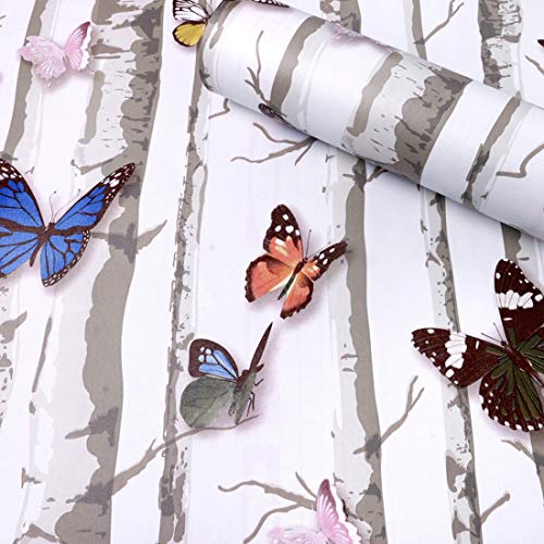 wolpin Wall Stickers DIY Wallpaper (45 x 500 cm) 3D Stark Trees and Butterflies Decals Self Adhesive Waterproof Kids Room Wardrobe, Wall Decor Nature, White - Image 1