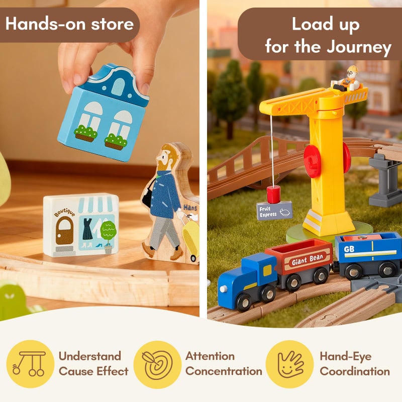 Giant bean 94pcs Wooden Train Set, Modern City Adventure Railway Track for Kids with Bridge, Tunnel, Crane, Town Buildings, Compatible with Most Brand, Christmas Toy Gift for Boys Girls Age 3-8 - Image 5