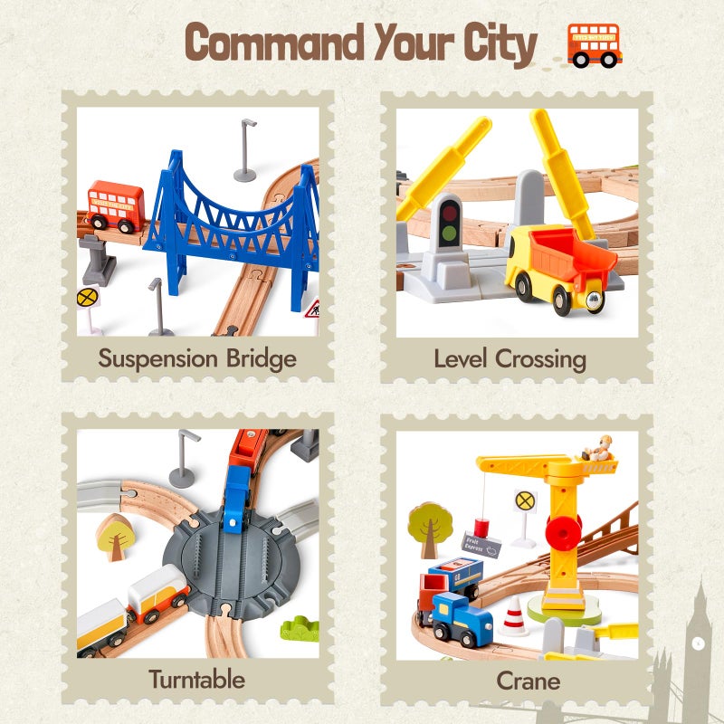 Giant bean 94pcs Wooden Train Set, Modern City Adventure Railway Track for Kids with Bridge, Tunnel, Crane, Town Buildings, Compatible with Most Brand, Christmas Toy Gift for Boys Girls Age 3-8 - Image 3