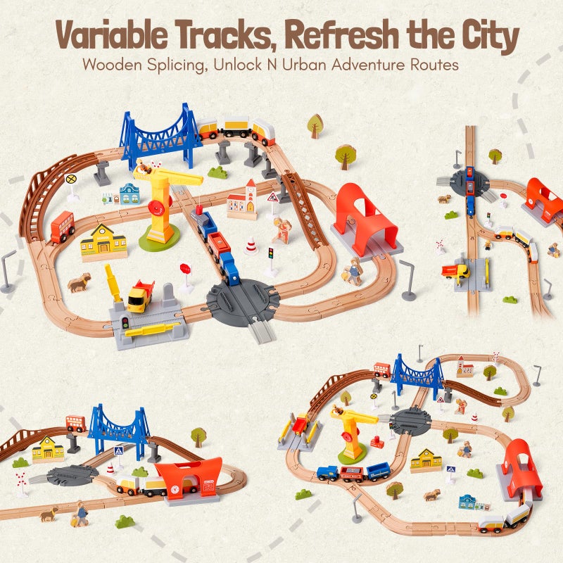 Giant bean 94pcs Wooden Train Set, Modern City Adventure Railway Track for Kids with Bridge, Tunnel, Crane, Town Buildings, Compatible with Most Brand, Christmas Toy Gift for Boys Girls Age 3-8 - Image 4