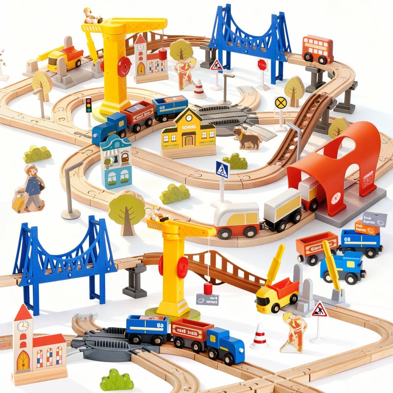 Giant bean 94pcs Wooden Train Set, Modern City Adventure Railway Track for Kids with Bridge, Tunnel, Crane, Town Buildings, Compatible with Most Brand, Christmas Toy Gift for Boys Girls Age 3-8 - Image 1