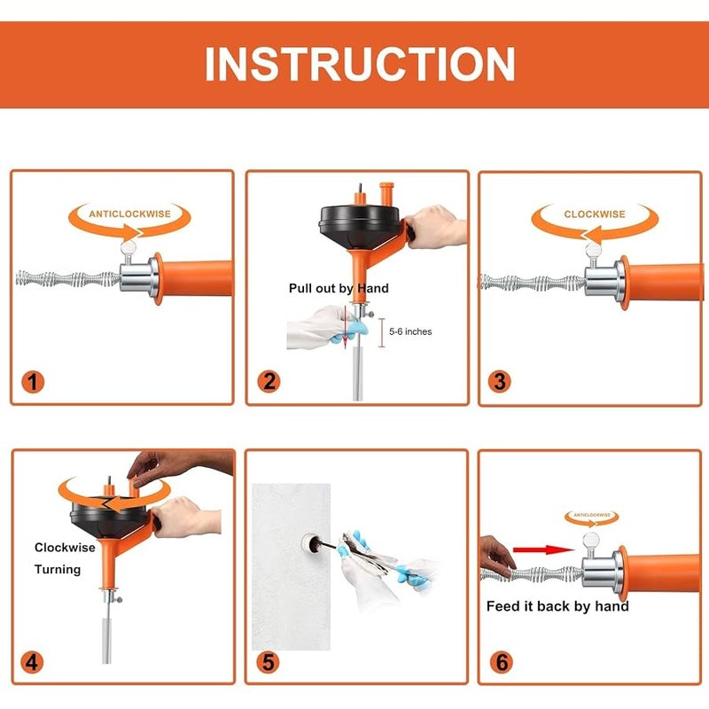 BACEYIOU Breezz Drain Auger, Clog Remover with Drill Adapter, 25 Feet Heavy Duty Flexible Plumbing Snake Use Manually or Powered for Kitchen,Bathrom and Shower Sink, Comes with Gloves (Orange) - Image 3