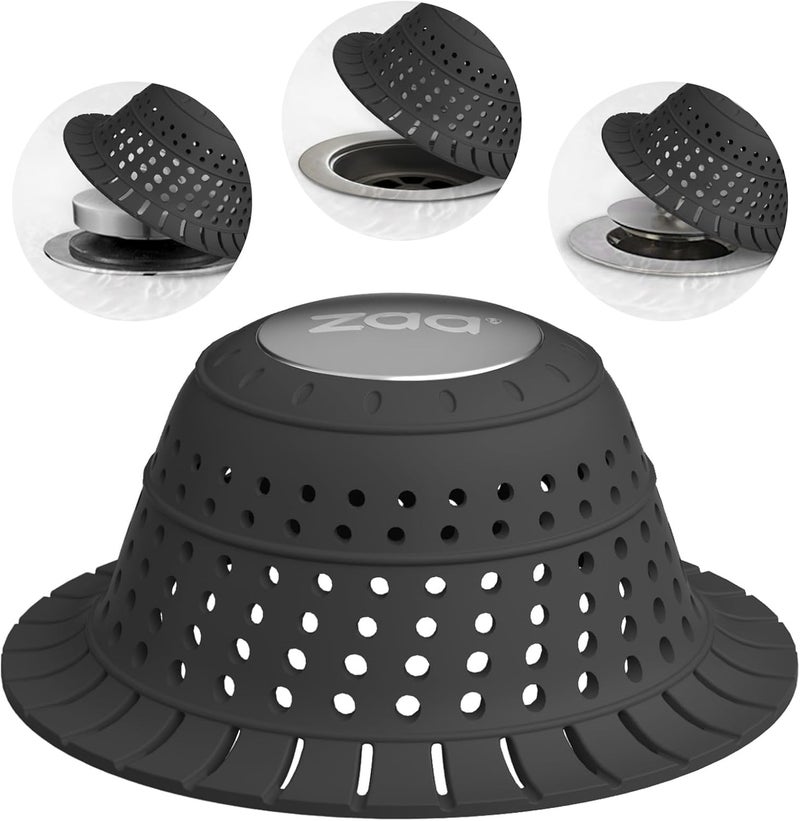 zaa Bathtub Drain Hair Catcher, Silicone Collapsible 1 Pack Drain Protector for Pop-Up and Regular Drains of Shower,Tub, Bathroom, Sink, Charcoal Black - Image 1
