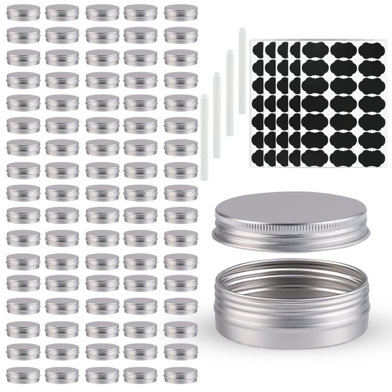 OBKJJ 102 Pack Round Cans with Screw Lid 1 Oz Aluminum Metal Tins DIY Food Candle Containers for Lotion Bars, Balms, Salve, Spices, Beard Balm, Crafts with 4 Markers 5 Sheets Label Stickers (Silver) - Image 1