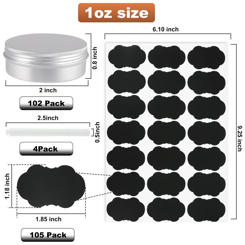 OBKJJ 102 Pack Round Cans with Screw Lid 1 Oz Aluminum Metal Tins DIY Food Candle Containers for Lotion Bars, Balms, Salve, Spices, Beard Balm, Crafts with 4 Markers 5 Sheets Label Stickers (Silver) - Image 2