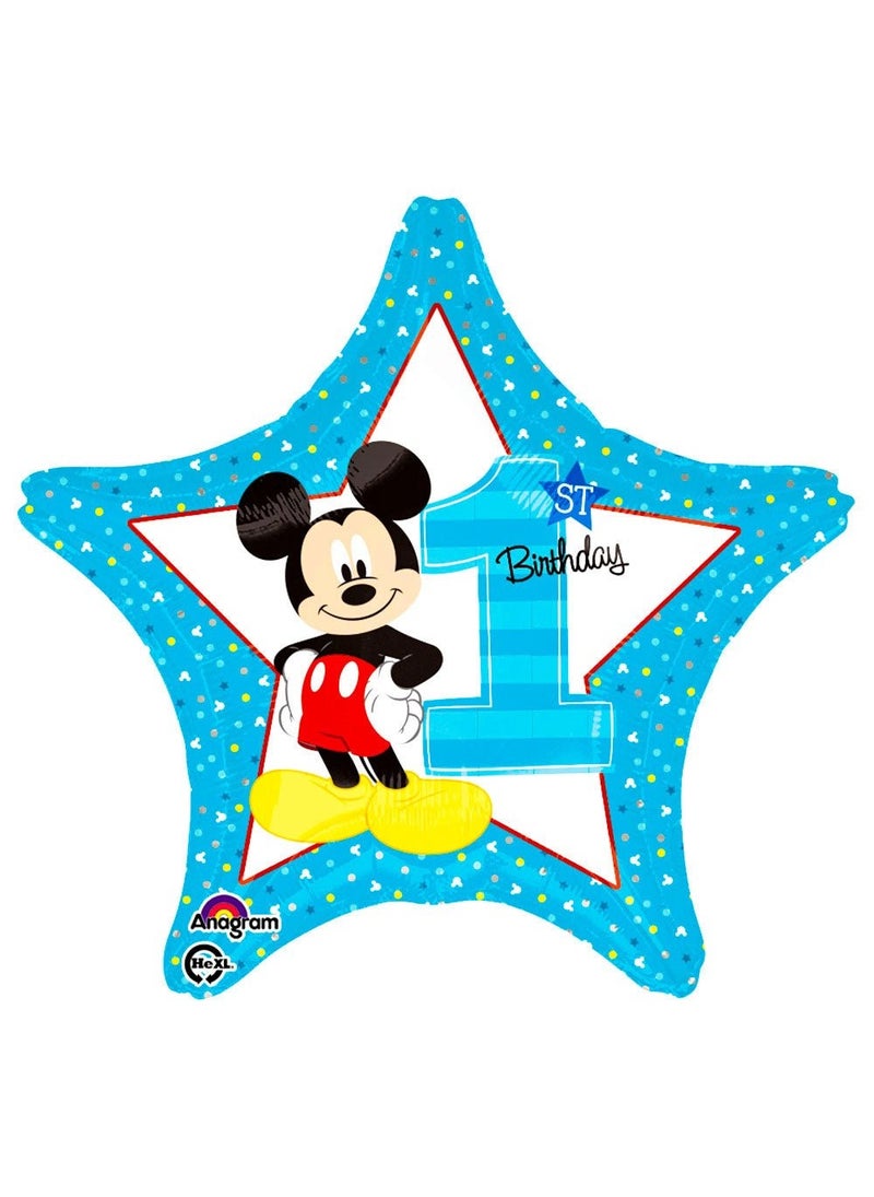 1st Birthday Mickey Mouse Star Foil Balloon Blue 48cm