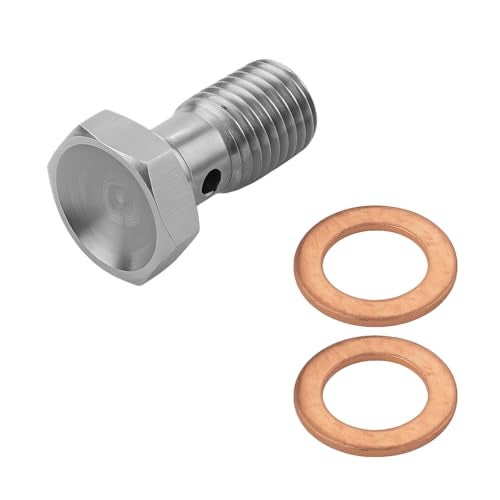 KHGUZ M10 x 10 Metric Thread Single Banjo Bolt Brake Fitting Adapter 20mm Long Hexagon Hollow Stainless Steel Bolt with 2PCS Copper Washers Turbo Brake Line Fitting Universal Fit - Image 1
