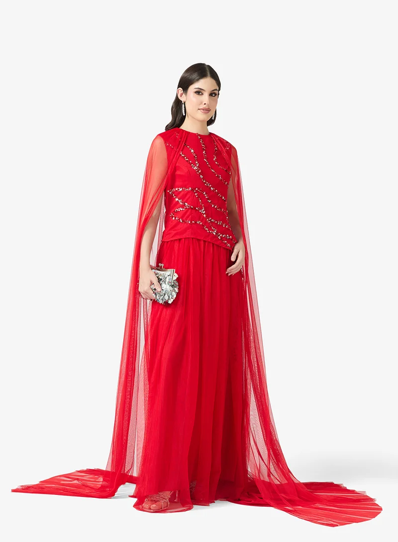Namshi x  Rhinestone Embellished Drop Waist Evening Gown with Cape for Women | Best Price UAE