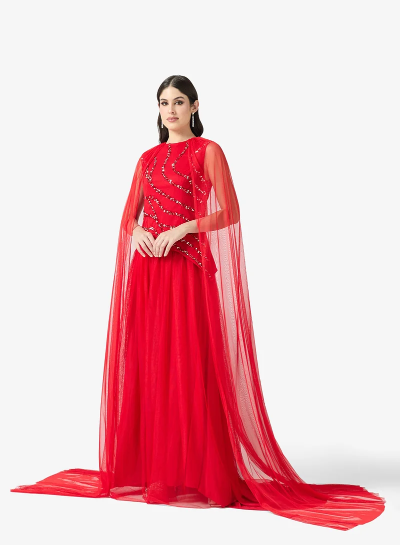 Rhinestone Embellished Drop Waist Evening Gown with Cape