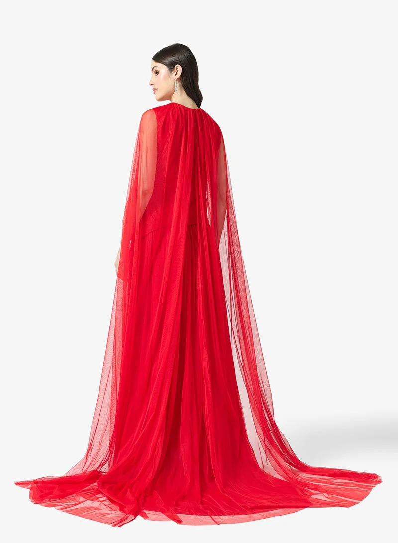 Namshi x  Rhinestone Embellished Drop Waist Evening Gown with Cape for Women | Best Price UAE