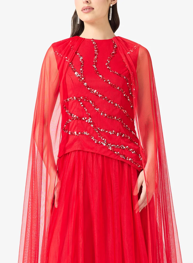 Namshi x  Rhinestone Embellished Drop Waist Evening Gown with Cape for Women | Best Price UAE