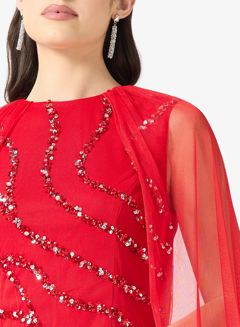 Namshi x  Rhinestone Embellished Drop Waist Evening Gown with Cape for Women | Best Price UAE