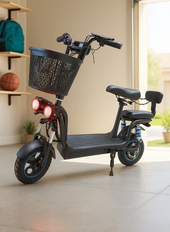 Electric Scooter | Electric Scooter with Extra Seat and Storage Basket | Adult Electric Scooter | Two-Seater Electric Scooter | Foldable Electric Scooter | Electric Scooter with Seat | Monster Scooter | 48V | 500W Motor | Front and Rear Lights | Shock Absorbers | Storage Box | Extra Passenger Seat | 10-inch Tires - Image 2