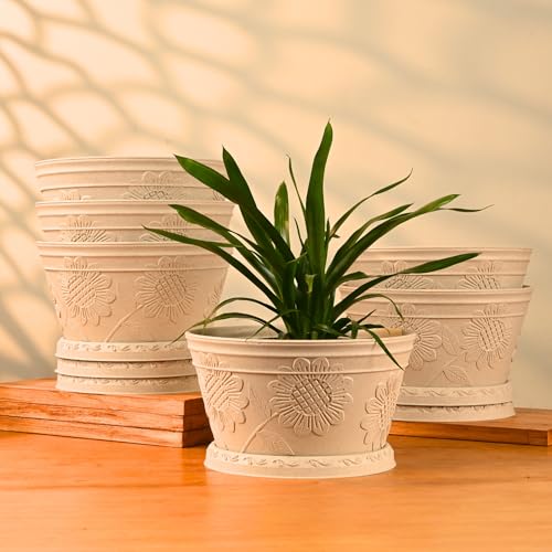 Eha Earth Friendly Nile Planter 9.5 inch Planters for Home Decor| Bamboo Based Plant Pot | Pack of 6 | UV Protected Pot for Plant | Flower Pot for Living Room, for Outdoor and Indoor | Sand Castle - Image 1