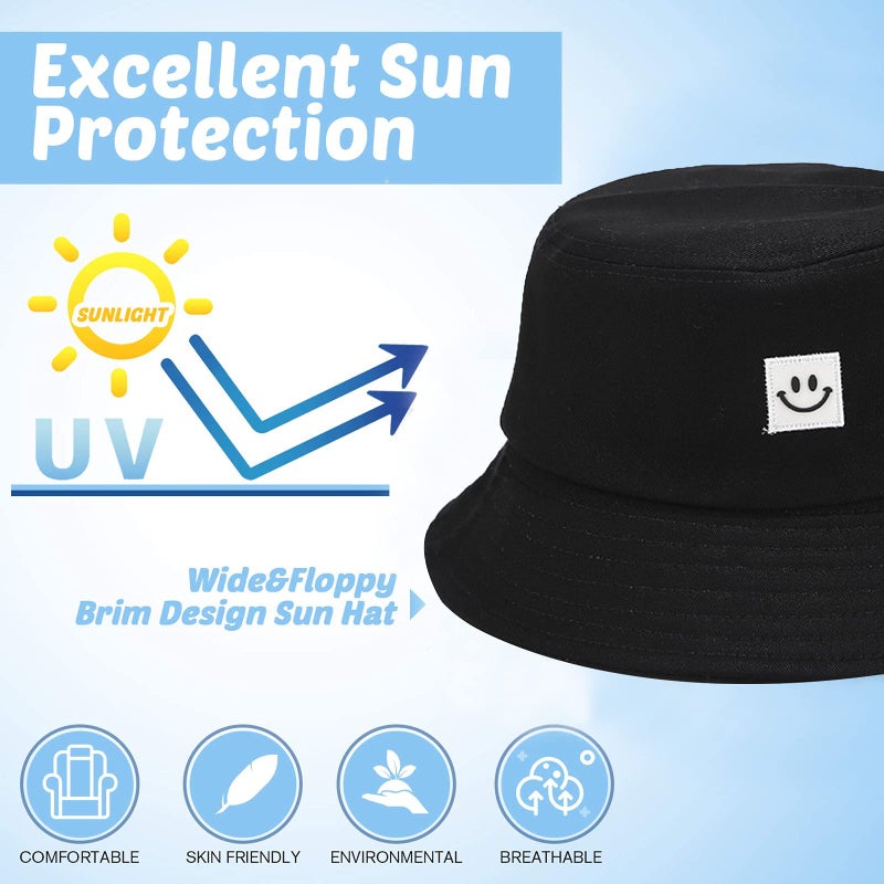 AJG Kids Sun Hat Smile Face Bucket Hat for Girls Boys Summer Sun Protection Cotton Unisex Beach Cap(Black) - Image 4