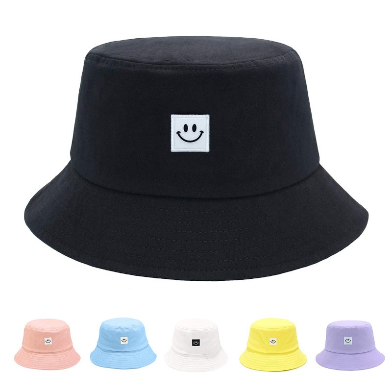 AJG Kids Sun Hat Smile Face Bucket Hat for Girls Boys Summer Sun Protection Cotton Unisex Beach Cap(Black) - Image 1