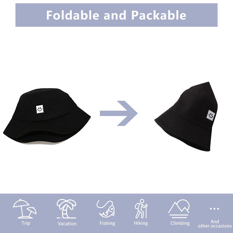 AJG Kids Sun Hat Smile Face Bucket Hat for Girls Boys Summer Sun Protection Cotton Unisex Beach Cap(Black) - Image 5