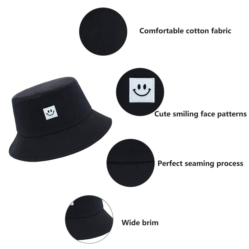 AJG Kids Sun Hat Smile Face Bucket Hat for Girls Boys Summer Sun Protection Cotton Unisex Beach Cap(Black) - Image 3