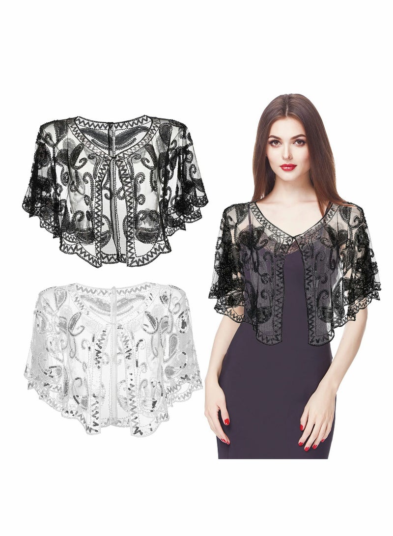 1920s Vintage Sequin Shawl & Beaded Cape Set - Flapper Style Evening Cover Up for Parties & Dresses - Image 1
