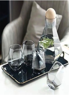 Glass Pitcher Set Cold and Hot Water Carafe Jug with Unique Irregular Geometry Pattern Tray for Homemade Iced Tea and Juice with 4 Tumbler Glasses