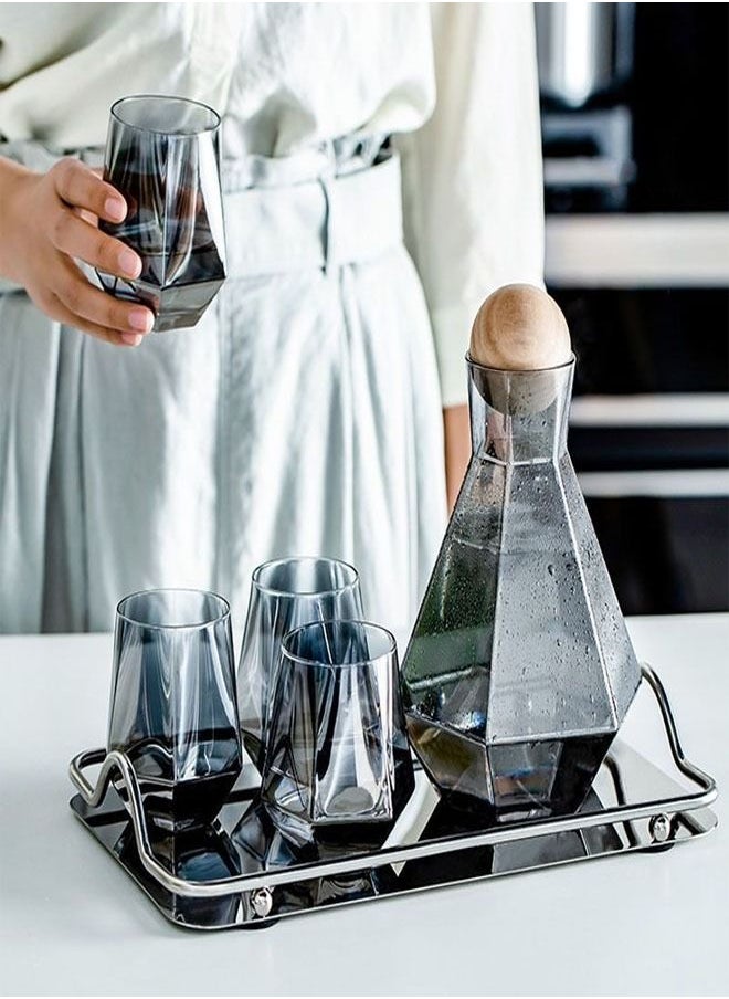 fashionhome - Glass Pitcher Set Cold and Hot Water Carafe Jug with Unique Irregular Geometry Pattern Tray for Homemade Iced Tea and Juice with 4 Tumbler Glasses - Image 1