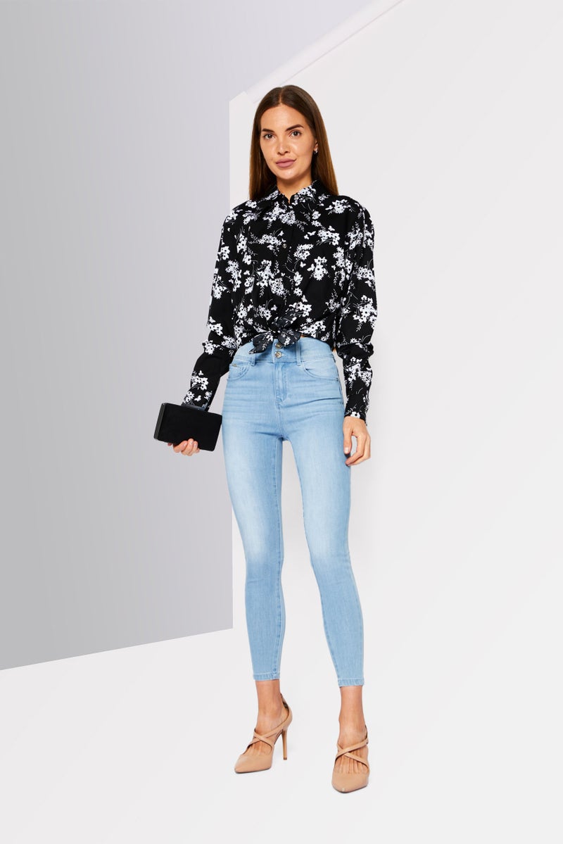 Michael Kors Women Pointed Collar Long Sleeves Floral Blouse, Black  - Image 2