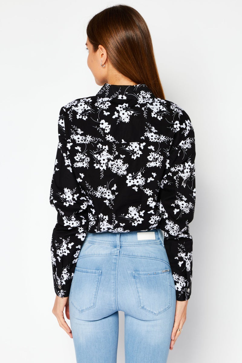 Michael Kors Women Pointed Collar Long Sleeves Floral Blouse, Black  - Image 4