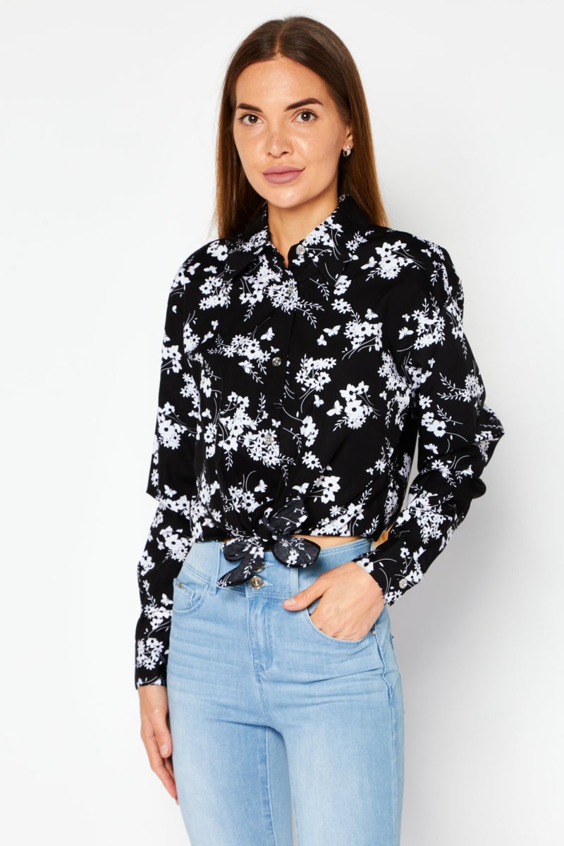 Michael Kors Women Pointed Collar Long Sleeves Floral Blouse, Black  - Image 1