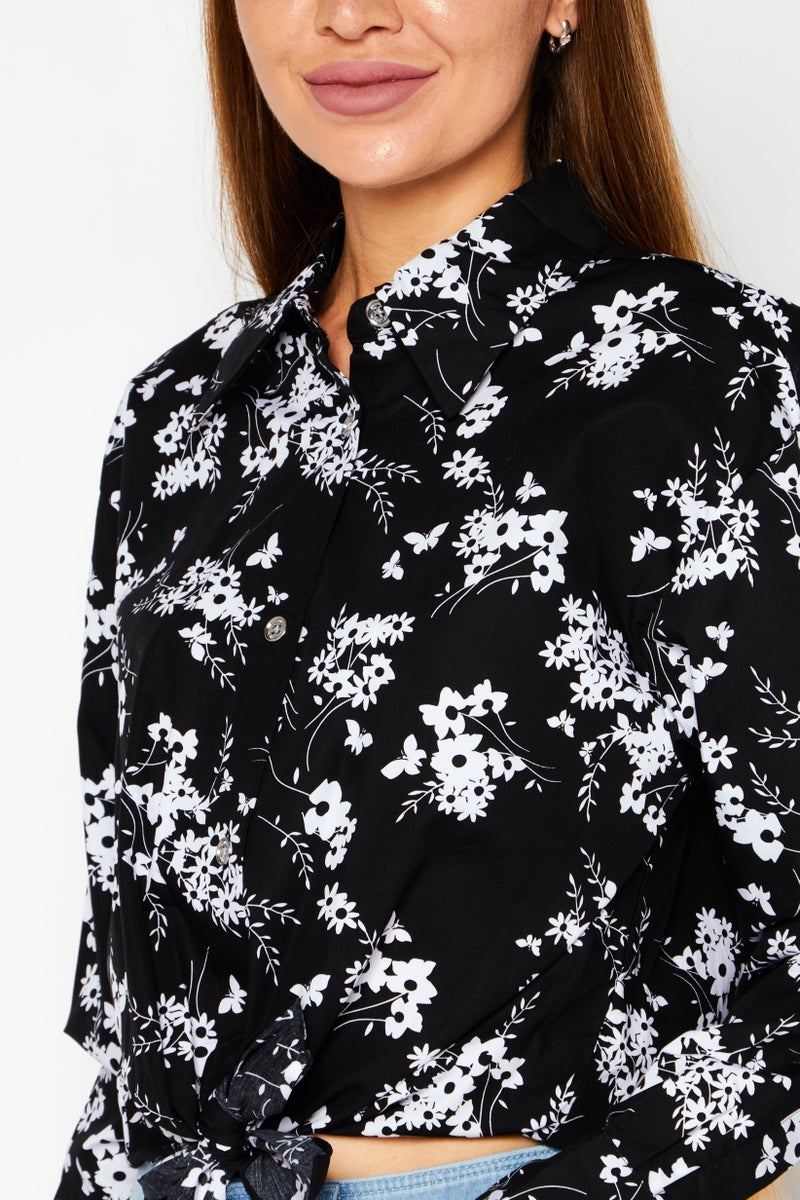 Michael Kors Women Pointed Collar Long Sleeves Floral Blouse, Black  - Image 3