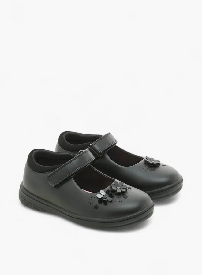 JUNIORS Girls Floral Detail School Shoes with Hook and Loop Closure