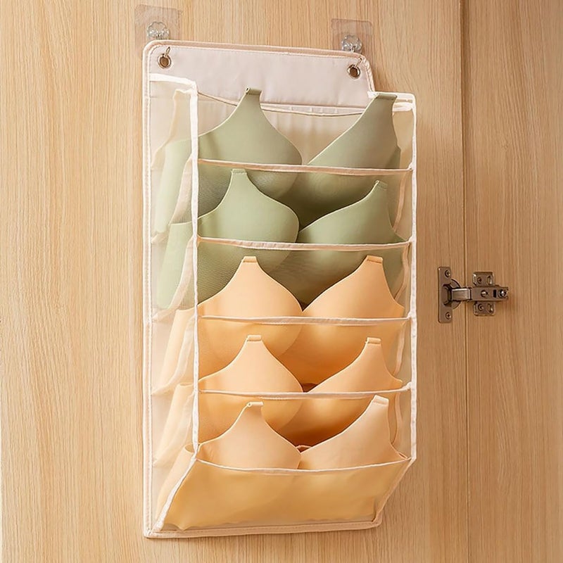 HOUSE OF QUIRK House of Quirk Durable Transparent Design Wardrobe Hanging Sock Organizer with 6 Mesh Pockets SpaceSaving Storage Hanging Bag for Underpants Lingerie Panties Socks Beige  - Image 2